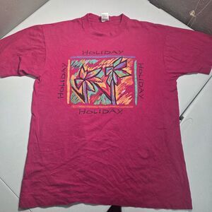 Vintage 90s Holiday Palm Trees T-Shirt Mens L Pink Single Stitch Made in USA Tee